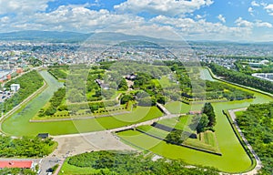 View of Goryokaku Park, where is a star fort in Hakodate, Hokkaido, Japan.