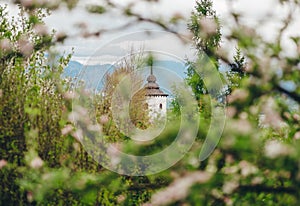 View of a gothic church Havranok at Lake Liptovska Mara. Slovakia