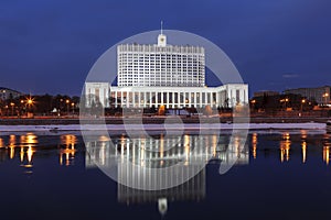 The view of the Government house of the Russian Federation and its reflection in the Moscow river, Moscow