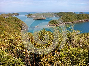 View from Governor`s Island viewing platform over Northern part of Hundreed Islands Archipelago, Alaminos, Philippinnes photo