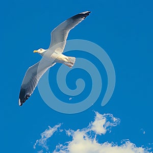 view Graceful seagull gliding effortlessly through expansive blue sky