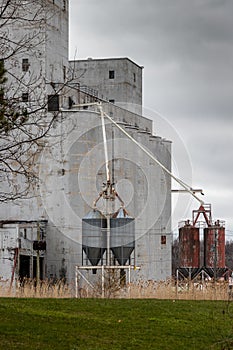 View of grain elevators on a cloudy day