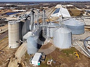 View of grain storage bin facility from the air
