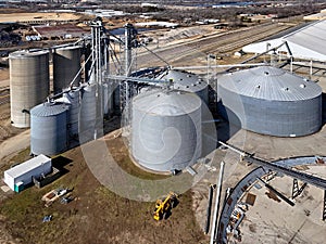View of grain storage bins from the air