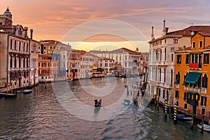 View of Grand Canal from Bridge Ponte dell`Accademia on sunset. Venice. Italy