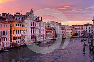 View of Grand Canal from Bridge Ponte dell`Accademia on sunset. Venice. Italy