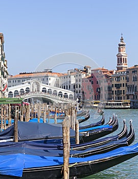 View on Grand Canal with Rialto Bridge Ponte de Rialto and gondolas, Venice, Italy