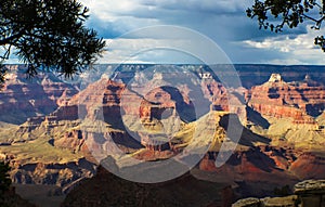 A View of Grand Canyon with rock formations highlighted by the sun on an overcast day framed by trees in the foreground