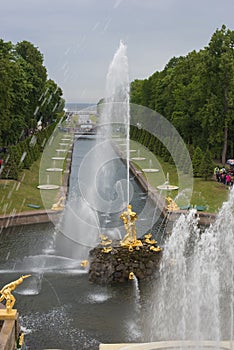 View of The Grand Cascade fountain and Grand Palace in Petergof