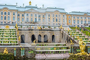 View of The Grand Cascade fountain and Grand Palace in Petergof