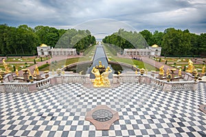 View of The Grand Cascade fountain and Grand Palace in Petergof