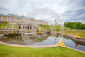 View of The Grand Cascade fountain and Grand Palace in Petergof