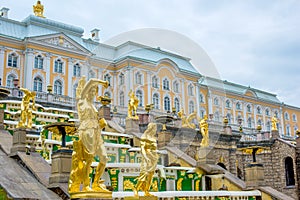 View of The Grand Cascade fountain and Grand Palace in Petergof