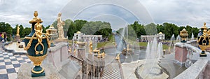 View of The Grand Cascade fountain and Grand Palace in Petergof