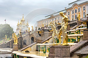 View of The Grand Cascade fountain and Grand Palace in Petergof