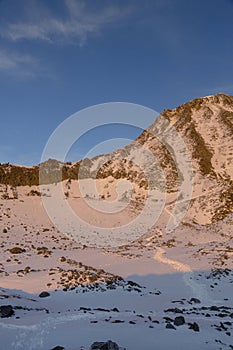 View of Grand couloir at sunset in the French Alps