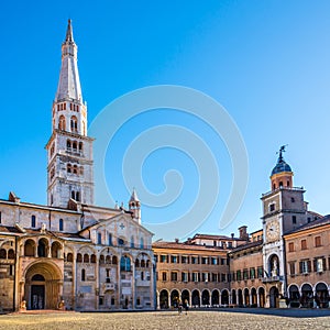 View at the Grande place with Ghirlandina tower of Cathedral and City hall in Modena - Italy photo