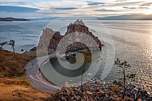 View of the granite rock standing standing on the cape.