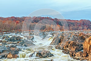 View of Great Falls of the Potomac River from Olmsted Island in autumn.Maryland.USA