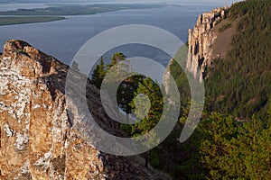 View of the great river with the high rocky shore.