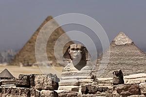 View on the Great Sphinx and the Pyramids in Giza (Cairo, Egypt)