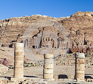 View from Great Temple towards urn, silk and royal tombs. Petra.