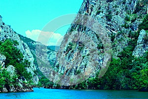 View of great tourist attraction, the idyllic Matka Lake  at Matka Canyon in the Skopje surroundings. Macedonia