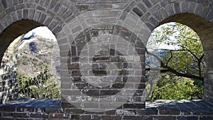 View Great wall from battlements lookouts,China ancient defense engineering.