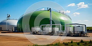 View of a green biogas tank or anaerobic digester. Renewable energy sources and carbon neutral power generation concept