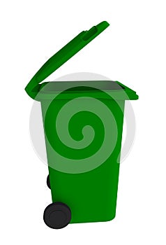 Beside view of green garbage wheelie bin with a open lid on a white background