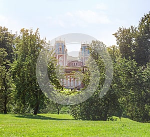 View from a green hill to a fabulous palace in a gap between the trees