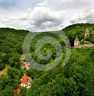 View on green hills and castle in Karlstejn.