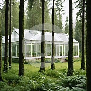 View of a green house in the forest. Generative AI