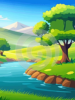 View of a green meadow on the hills with blue sky, vector cartoon spring or summer landscape, panoramic rural mountain
