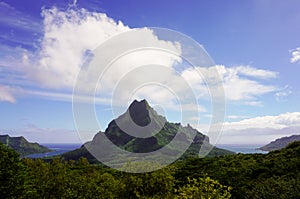 View of green Rotui mountain from Belvedere lookout on the island of Moorea in French Polynesia; copy space