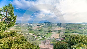 view of green summer valley of italian countryside timelapse with hills on background