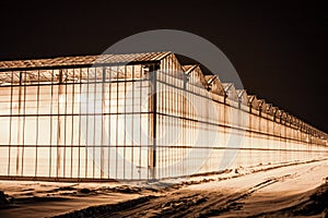 view of the greenhouse from the outside, all shining against the backdrop of snow and frosty night, providing strategic supplies