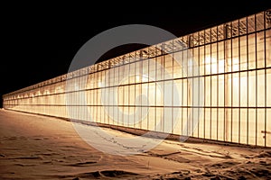 view of the greenhouse from the outside, all shining against the backdrop of snow and frosty night, providing strategic supplies