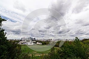 View of Greenwich Park with Canary Wharf district