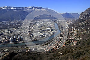 View of Grenoble from the Bastille. River and mountains