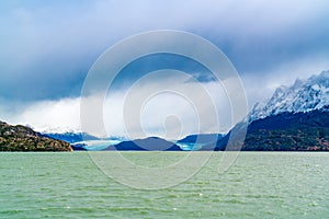 View of Grey Glacier and Grey Lake at Torres del Paine National Park in Southern Chilean Patagonia