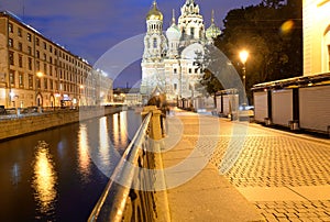 View of the Griboyedov Canal at night.