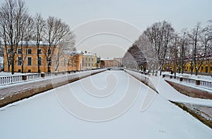 View of the Griboyedov canal in winter in St. Petersburg, Russia