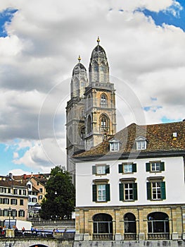 View of Grossmunster Church in Zurich old town,in cloudy day.