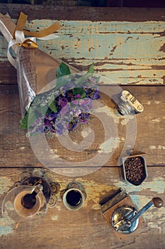 View of ground coffee pouring water on coffee ground with filter