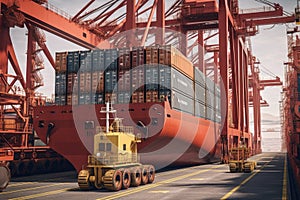 View from the ground to a huge port crane loading container ship. Tractors and loading platforms involved in the loading
