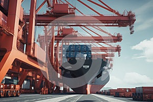 View from the ground to a huge port crane. Loading containers from a railway platform onto a container ship. Global of