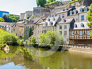 View on the Grund district and Alzette river, Luxembourg City, Luxembourg