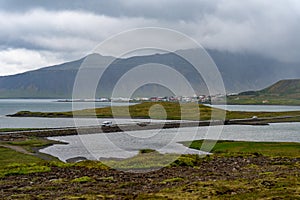 View of Grundarfjordur town from Kirkjufellsfoss in Iceland