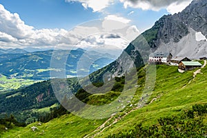 View from Gruttenhuette, an alpine hut on Wilder Kaiser mountains, Going, Tyrol, Austria -  Hiking in the Alps of Europe